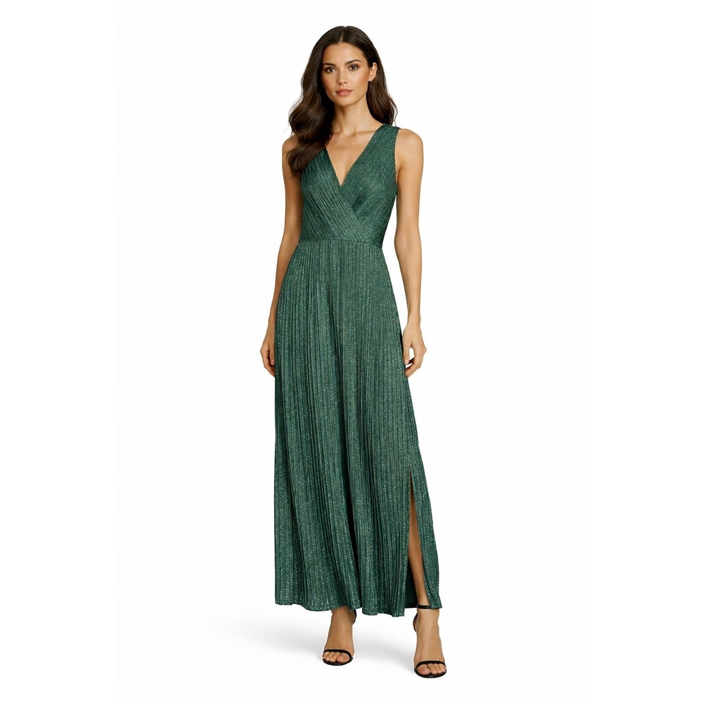 Carla G. Green Metallic Pleated Maxi Dress Made in Italy Surplice V-Neck Size 8